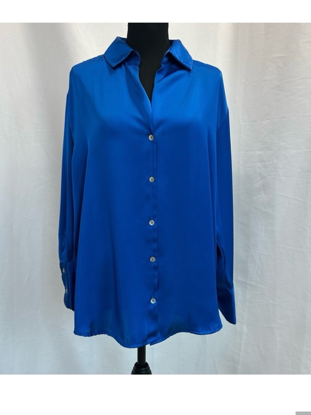 Zara Royal cobalt blue satin effect long sleeve button front button down blouse